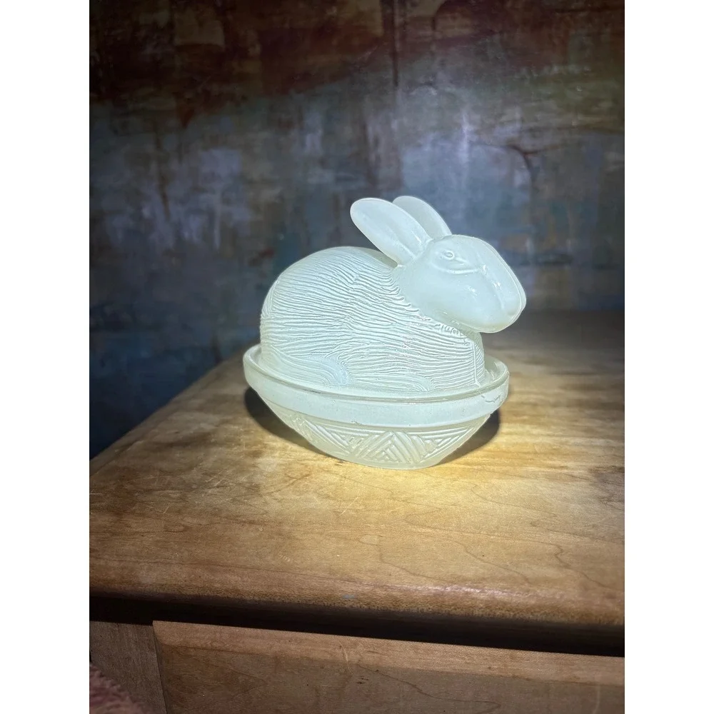 Vintage Frosted Glass Rabbit on Nest Trinket Dish White Bunny Candy Bowl 4.5
